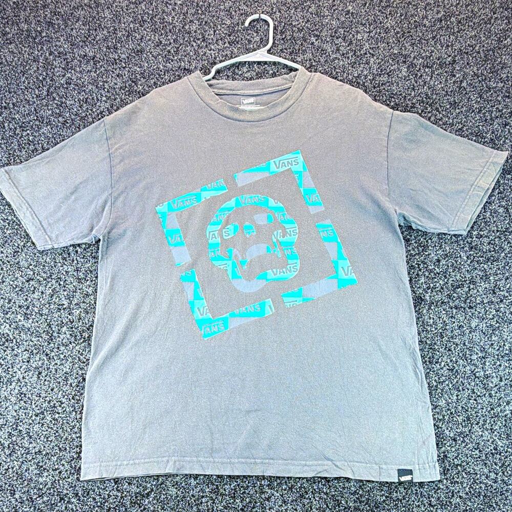 VANS Skull Logo Men's Gray Teal Graphic Crew Neck Short Sleeve T-Shirt L